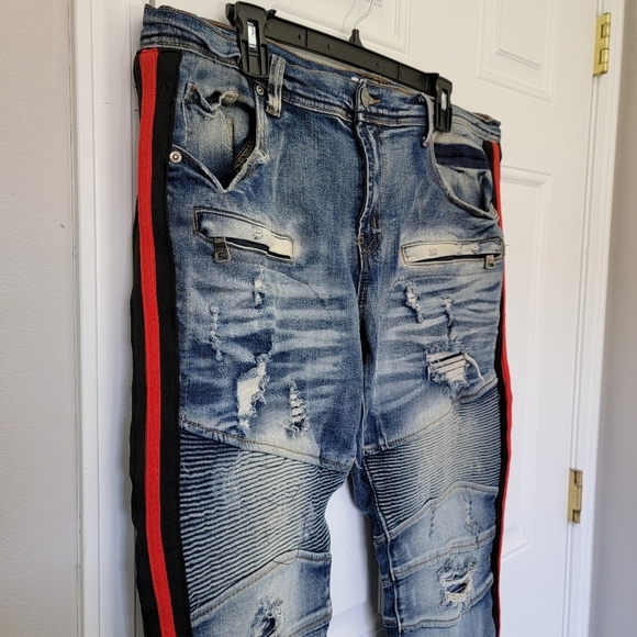 PREME Mens Distressed Red Black Side Stripe Moto Denim Jeans Streetwear 38 / 34 - Picture 4 of 13